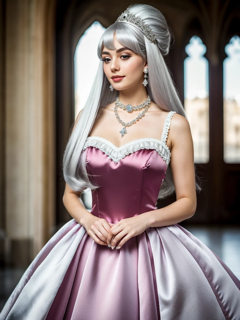1girl, photo upper body of panniersdress girl gown, france, silver big (wig:1.1), detail, hyperrealistic, pastel colors, fan hand, necklace, silk, satin, bokeh, dim light, bokeh background, gothic palace interior, big breasts, whole body,fullbodyphotography, half openmouth, pink shinylipgloss, big diamondearrings, big diamondcollar,