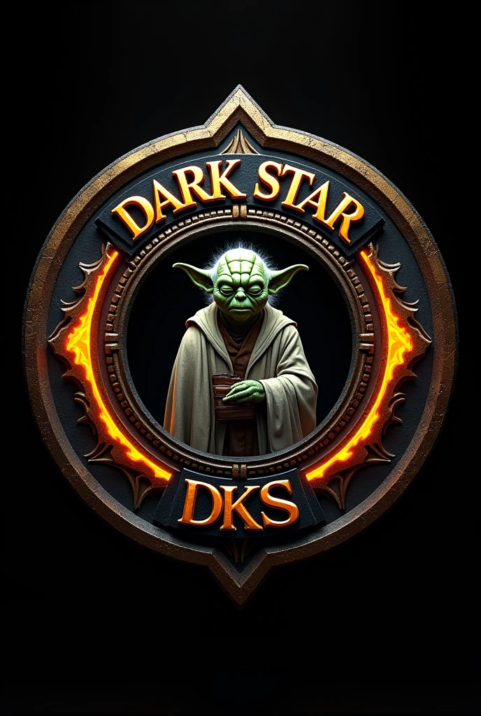 "Create a round emblem with 'Dark Star' above, 'DKS' below, and 'Interno 1ª Divisão DKS' in the center. Include Yoda within the shield. Use black and gold colors with fiery details along the edges."