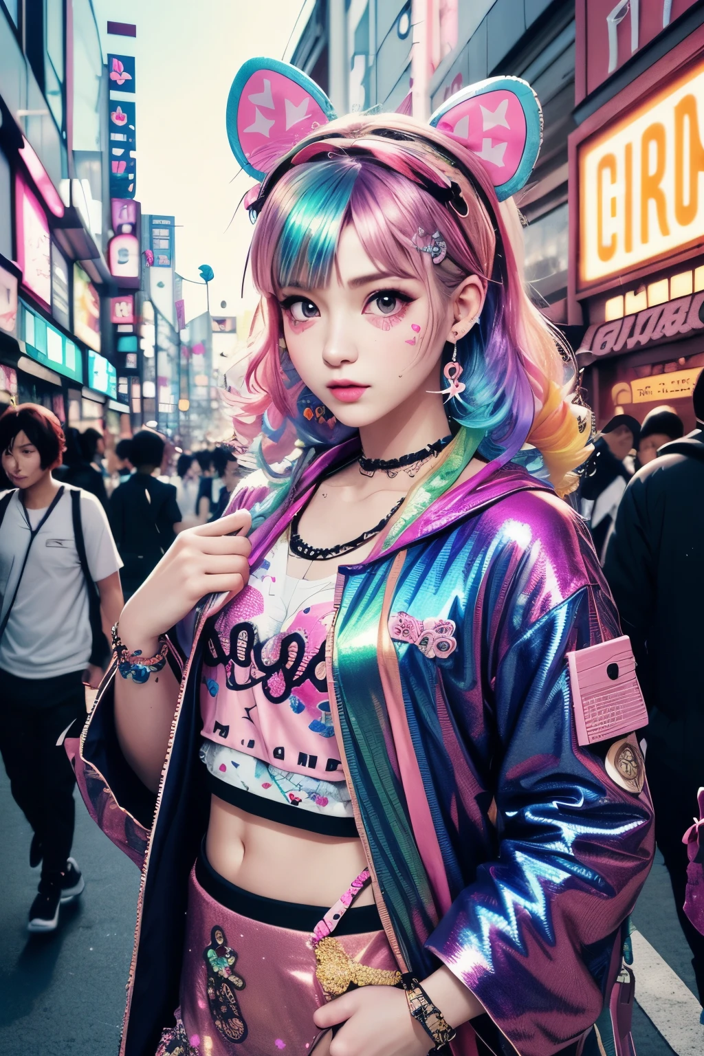 This is a colorful and ornate (masterpiece). Generate a trendy decora woman in the colorful and busy streets of Akihabara, Tokyo. Generate a lovely decora adult woman in the style of Olya Anufrieva on Artstation and Harajuku street fashion. Her clothes are vibrant in the Harajuku style. Include oversized accessories, neon colors, and inventive layering. The woman's clothes and accessories should be highly ornate in the ((((Harajuku decora)))) and decora kei style.  The woman's hair is curly and glossy and styled cutely. The woman's clothes and accessories should be highly ornate in the Harajuku decora and decora kei style. Her eyes are important and stunning, with interesting coloring and patterns. ((((iridescence and shimmer)))), glitter, best eyes, best quality, cyberpunk kei, visual kei, selfie, bold colors and patterns, LED lights, ((glowing neon signs)), ((ultra detailed)), dynamic composition, (((decora)))