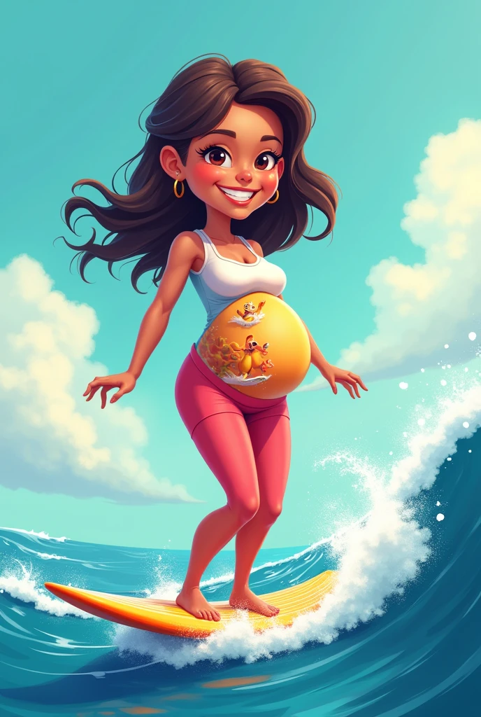 Pregnant surfer woman with her  surfing inside her belly, in cartoon style