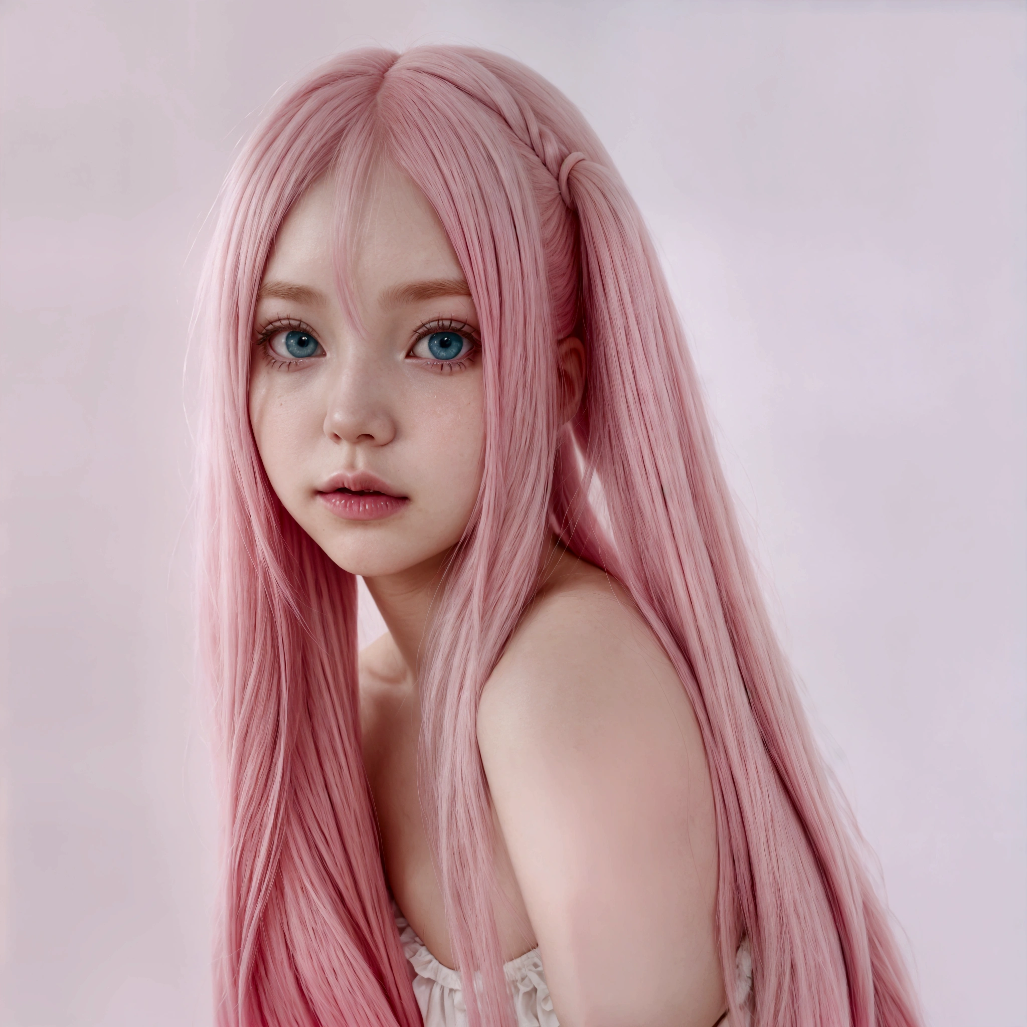 A 5 girl, long pink hair, a frightened face and a dress