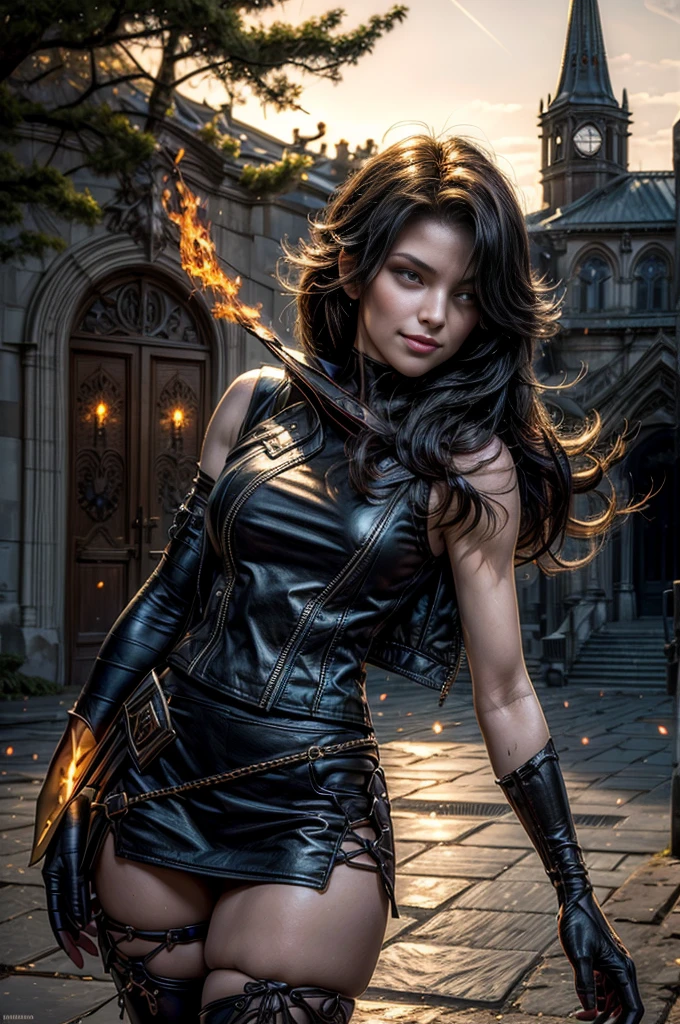 (masterpiece, best quality:1.2), cowboy shot, solo, 1girl, cinder fall, evil smile,holding flames, looking at viewer, long hair, t-shirt, white skirt, sleeveless jacket, elbow gloves, pantyhose, standing outside huge gothic building, trees, (volumetric lighting), sharp focus, hyper detailed 