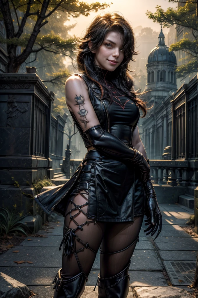 (masterpiece, best quality:1.2), cowboy shot, solo, 1girl, cinder fall, evil smile,holding flames, looking at viewer, long hair, t-shirt, white skirt, sleeveless jacket, elbow gloves, pantyhose, standing outside huge gothic building, trees, (volumetric lighting), sharp focus, hyper detailed 