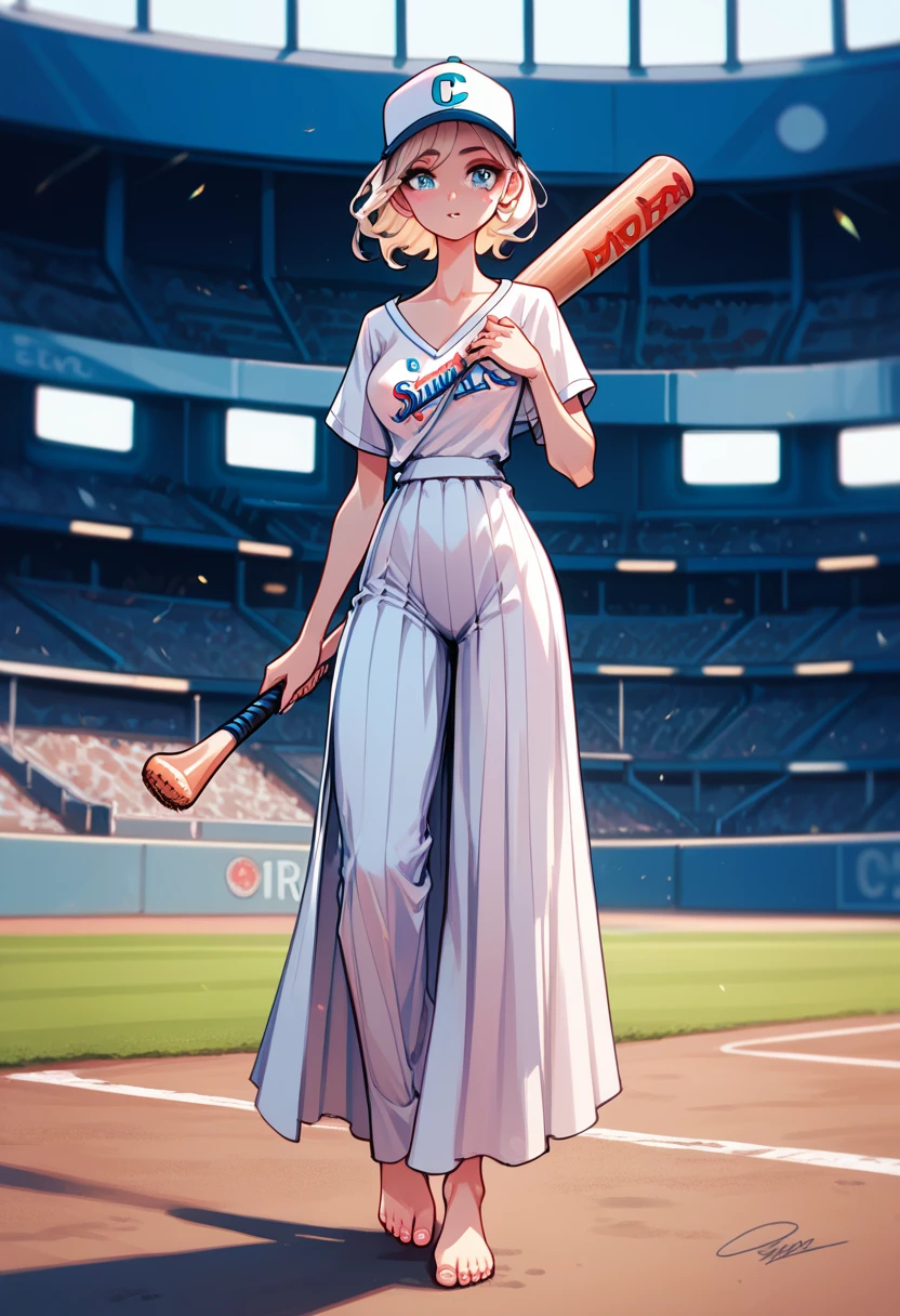 Wearing a white dress at a batting center, she hits a baseball cleanly with her bat, Diagonal front view, Modest breasts, Long Skirt, barefoot, I&#39;m wearing sandals, Sweating, Summer blue sky, Strong sunlight, 