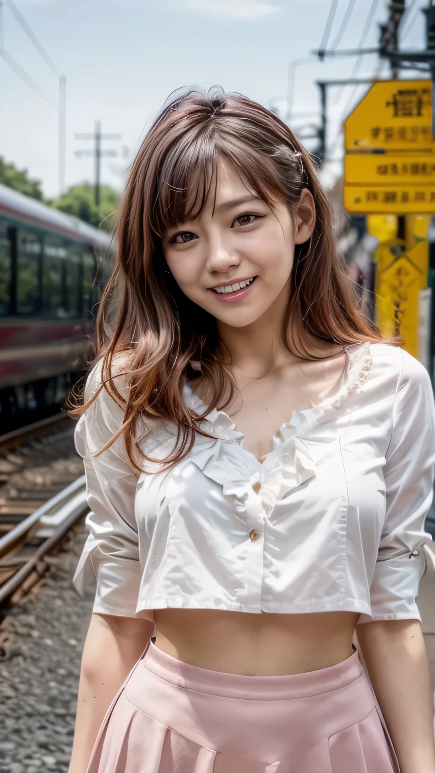 (A big smile、Squint your eyes and laugh)、(Realistic、Like a photograph、Live Action、8k, Realistic, RAW Photos, Best image quality: 1.4), Single-lens reflex camera、RAW Photos, Highest quality, Realistic, Highly detailed CG Unity 8k wallpaper, Written boundary depth, Cinematic Light, Lens flare, Ray Tracing, Realistic background、A landmine girl waiting for someone、((Wearing a white blouse:1.4)、((wear a frilly skirt:1.1)、Small breasts))、((Ultra-Dense Skin))、 1 person、standing front of train station, Waiting for someone while looking at a smartphone、The whole body is visible:1.5、(Long hair with pink inner color:1.2、My hair is blowing in the wind)、stylish ambiance、The perfect outfit、(White skin)、Precise and beautiful legs:1.1、View from below、Highly detailed face、Anatomically correct body、Accurate fingering