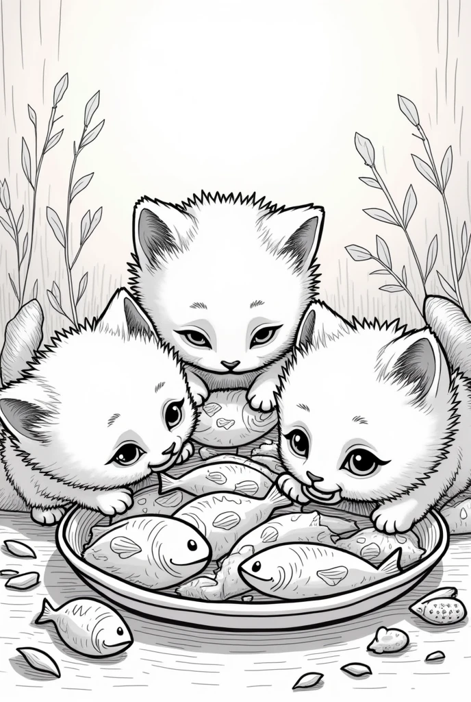 Coloring page of kittens eating fish