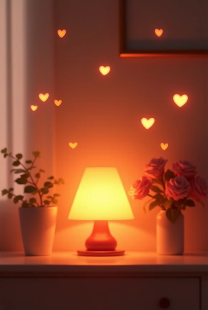 Background image, table lamp, warm soft light, no people, indoors, heart effects, 2.5D, delicate and dynamic, graphic CG digital art,