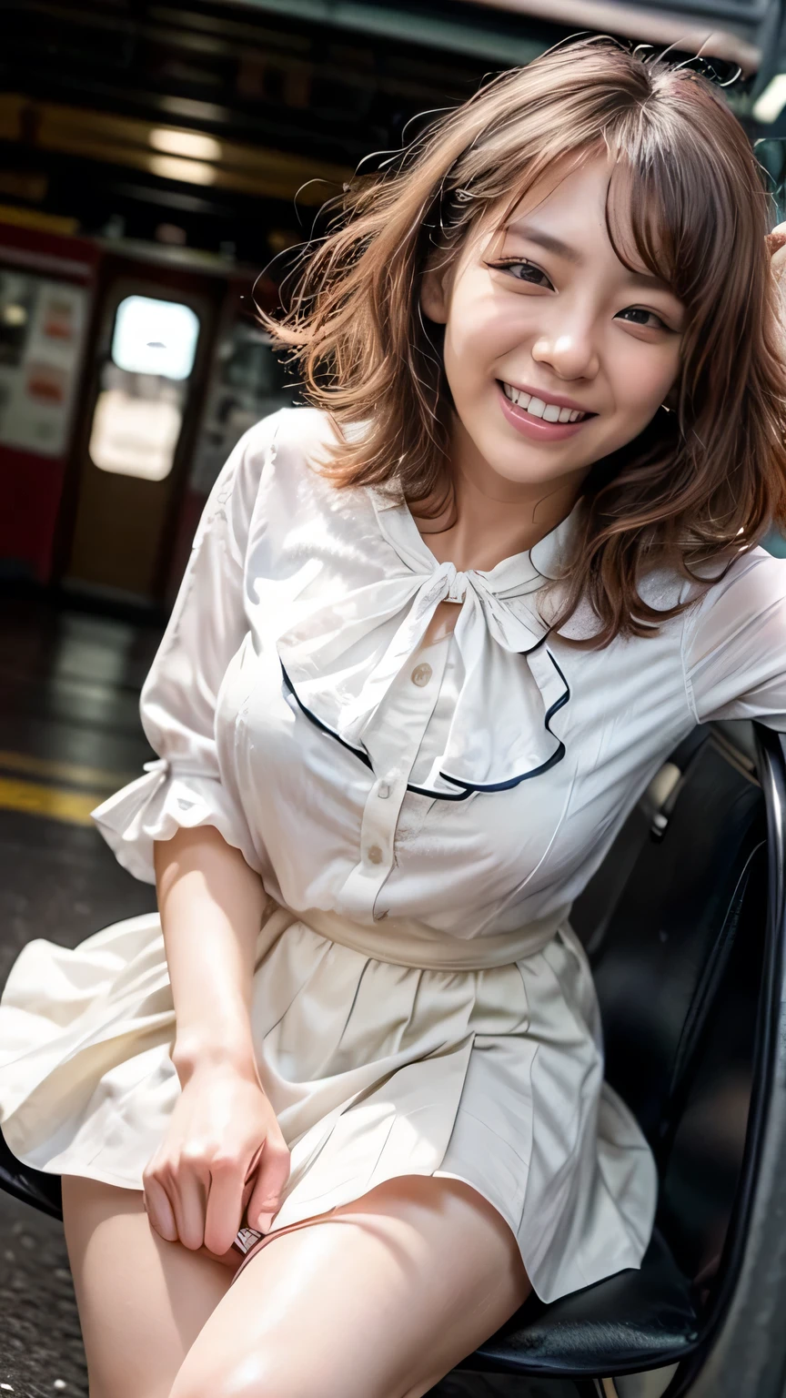 (A big smile、Squint your eyes and laugh)、(Realistic、Like a photograph、Live Action、8k, Realistic, RAW Photos, Best image quality: 1.4), Single-lens reflex camera、RAW Photos, Highest quality, Realistic, Highly detailed CG Unity 8k wallpaper, Written boundary depth, Cinematic Light, Lens flare, Ray Tracing, Realistic background、A landmine girl waiting for someone、((Wearing a white blouse:1.4)、((wear a frilly skirt:1.1)、Small breasts))、((Ultra-Dense Skin))、 1 person、standing front of train station, Waiting for someone while looking at a smartphone、The whole body is visible:1.5、(Long hair with pink inner color:1.2、My hair is blowing in the wind)、stylish ambiance、The perfect outfit、(White skin)、Precise and beautiful legs:1.1、View from below、Highly detailed face、Anatomically correct body、Accurate fingering