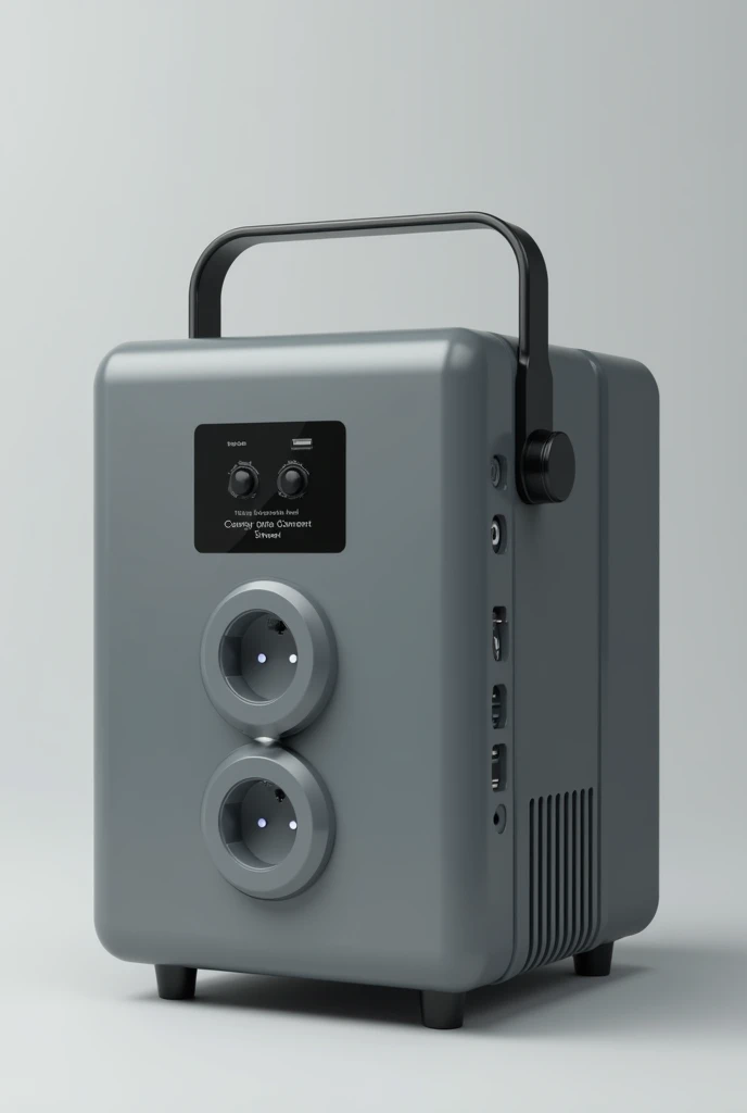 Portable power station :
spec : The color of the device should be gray tones, with dimensions of 55cm x 35cm x 60cm, 3 AC inputs on the front, a square digital screen for control and USB and Type-C inputs.