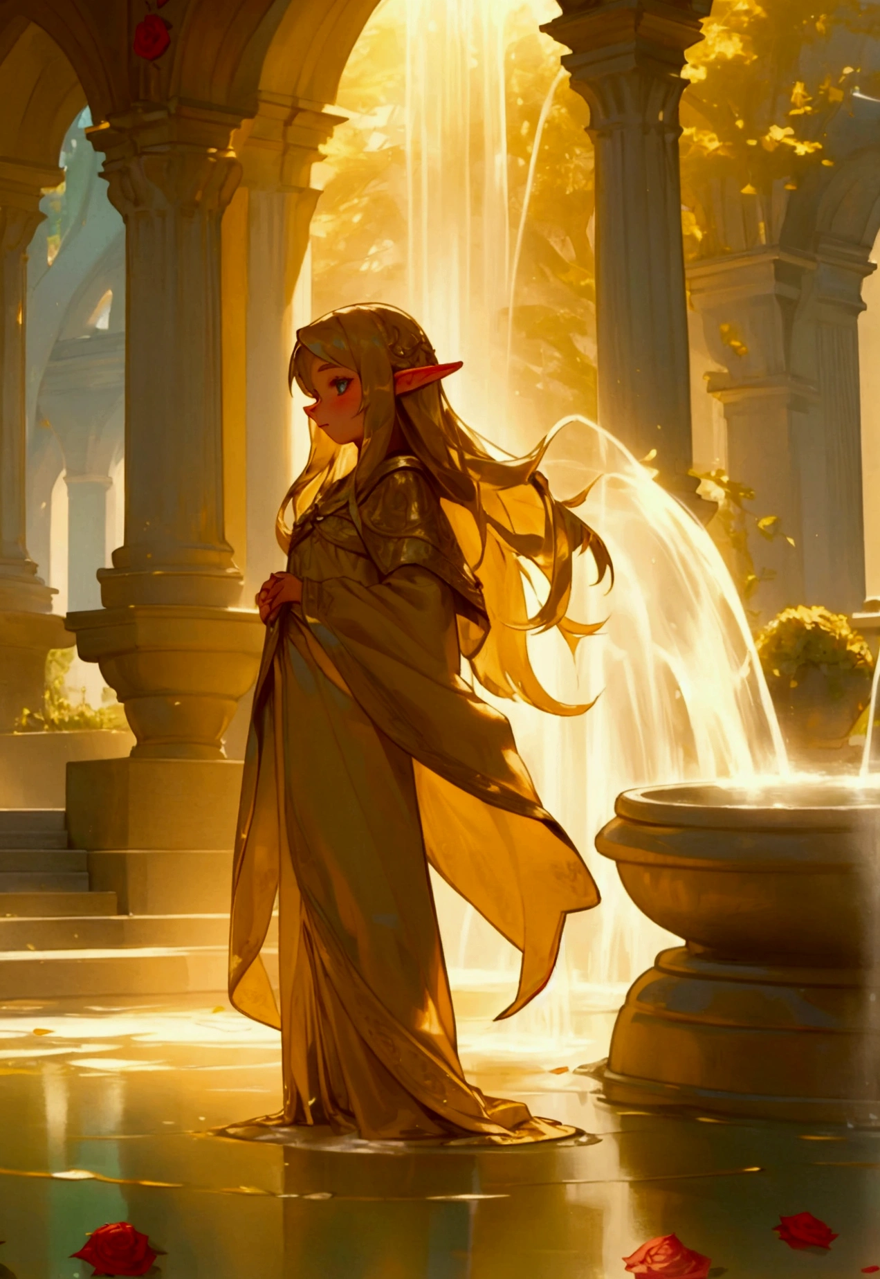 A young girl named Clara, with long flowing hair, stands at a fountain with a small, pointy-eared elf in a magical garden filled with vibrant roses. The scene is bathed in a warm golden light, with an ethereal glow surrounding the fountain and the elf.
