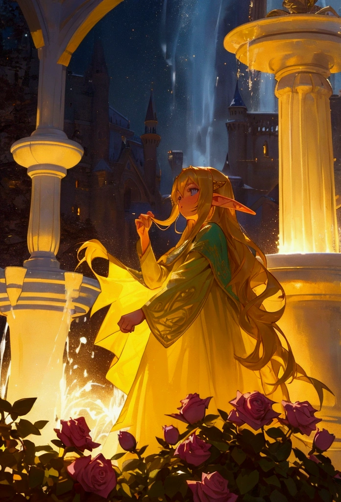 A young girl named Clara, with long flowing hair, stands at a fountain with a small, pointy-eared elf in a magical garden filled with vibrant roses. The scene is bathed in a warm golden light, with an ethereal glow surrounding the fountain and the elf.