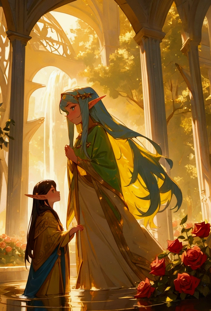 A young girl named Clara, with long flowing hair, stands at a fountain with a small, pointy-eared elf in a magical garden filled with vibrant roses. The scene is bathed in a warm golden light, with an ethereal glow surrounding the fountain and the elf.