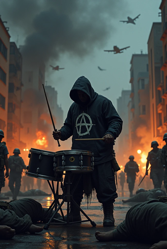 Drummer playing, drum dressed in hoodie black clothing printed with anarchy symbol, hidden face, kind of fat, down the street of the war torn city at night, fire and smoke, warplanes crossing the sky, bodies of soldiers lying in front of the ground