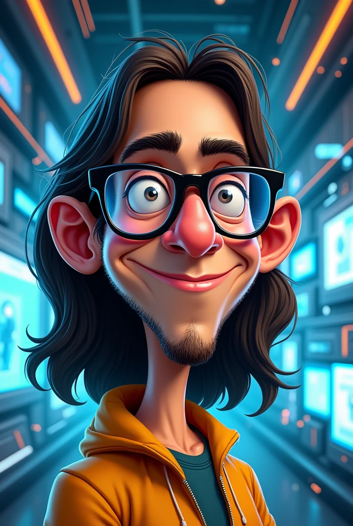 A caricature of a 29 year old brown Brazilian man with long straight hair and glasses,  weighing around 79 kg in a technology scenario, 