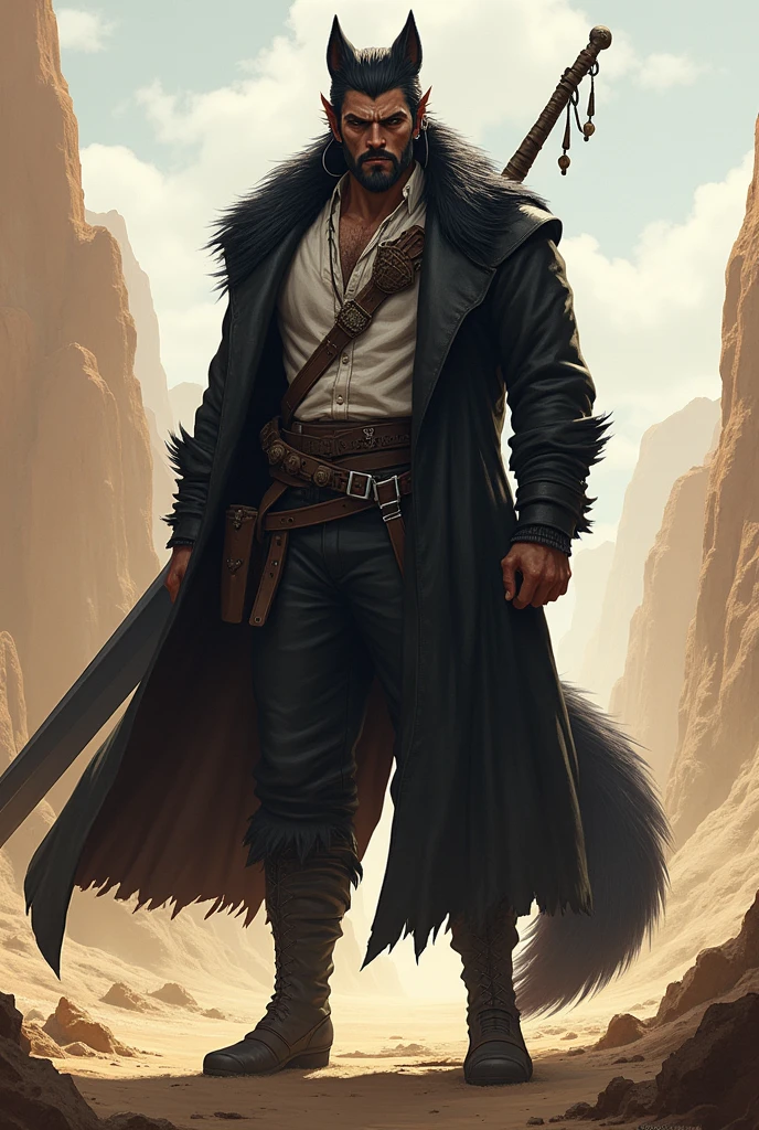 He is a tall, 2 meter tall indigenous man with a square face and short dark hair and a beardless face with a smooth face. His eyes are wolf-like and one of them is closed with pointy ears with earrings. He wears a dark black overcoat with a white shirt underneath and dark pants and has a strong physique and a thick wolf tail. A large sword is strapped to his back. I would like the art in a fantasy RPG style. In the Old West