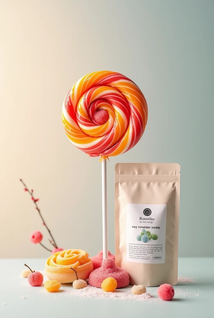 Advertisement image of candy lollipop with soy powder in bag