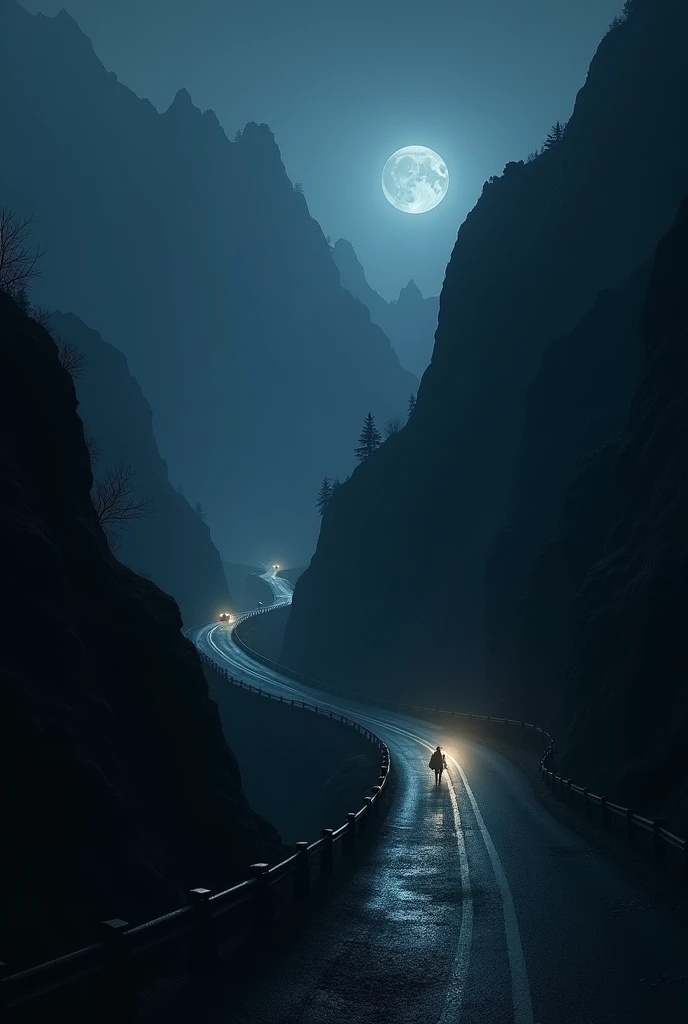 On the night of a new moon, the narrow road that winds over the mountain pass is shrouded in darkness and has a series of steep slopes and sharp turns, making it a terrifying route that will send you straight to the bottom of the valley if you step over the unreliable guardrail.