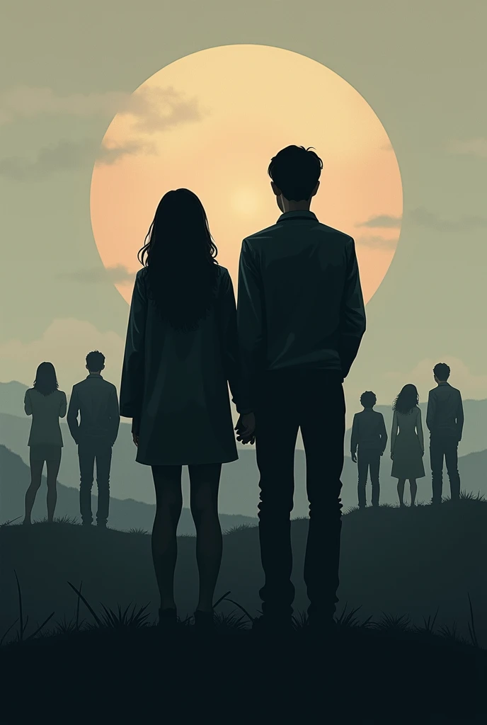 Create a cover with the title love without a hyphen and two people looking towards the horizon. They are looking away and only see each other&#39;s backs. And that two people are seen, looking at themselves, But in the background there should be six people and the person should be nothing more than a silhouette. The colors should be darker. 