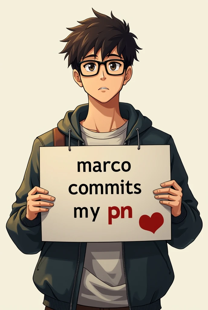 An adult boy with glasses holding a sign that says Marco commits my PN.