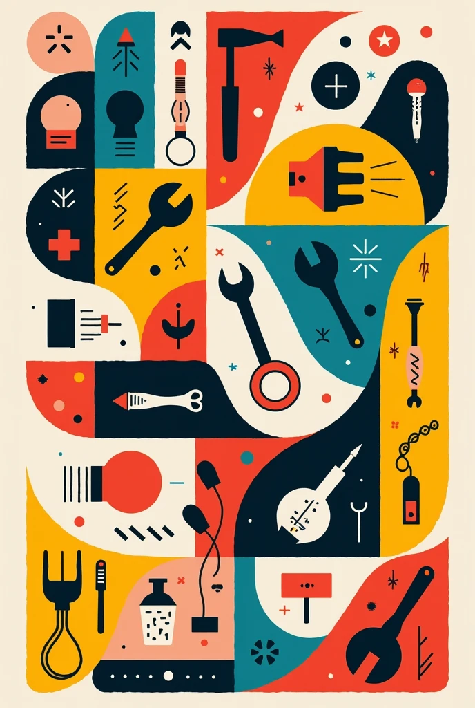 Create a drawing in the style of Joaquin Torres Garcia in vertical, but instead of having the symbols of that painter, draw symbols ONLY of basic electrical tools and components SIMPLE to draw (hammer, Wrench, tweezers, light bulb, Screwdriver, screws, thermal wrench, plug, switch). Make ALL squares and geometric shapes and inside some of these draw the tools. All with primary colors. Don't do it in 3D, Make it cartoon style just the outline and the tools in black and white. There are no borders between geometric figures. At least 15 squares of different asymmetrical sizes