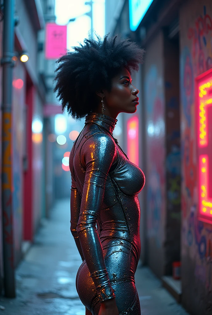 Here's the description transformed to feature the woman as a realistic cyborg:

"In a striking cyberpunk metropolis, a vivid portrait captures the woman as a stunning bionic figure in a neon-lit alleyway, where advanced technology merges seamlessly with human creativity. She stands confidently in a sleek, form-fitting outfit made of shimmering metallic fibers, complementing her intricately designed bionic enhancements—glowing circuitry visible beneath her translucent skin, which pulses rhythmically with the neon lights surrounding her.

Her radiant skin still glows under the hum of overhead holographic advertisements that flicker and pulse with vibrant colors, creating an electrifying contrast with the gritty textures of the graffiti-covered walls around her. Her afro hair, now interwoven with delicate filaments of light, dances with the soft hum of built-in sensors, reflecting the iridescent lights cascading through the narrow urban passage.

The atmosphere is filled with the ambient sounds of the city: the low thrum of hover cars, distant chatter, and the whir of drones gliding overhead, yet she remains poised and serene—a beacon of confidence amid the chaos. Perfect, synthetic eyes brim with curiosity and determination as she gazes at a futuristic projection shimmering beside her—a digital display showcasing art and messages of social change, resonating deeply with her powerful presence.

(Radiant neon lighting, deep contrasts, and sharp details), 160-color support, filmed on ARRI ALEXA 65, creating an immersive experience that feels both surreal and breathtakingly real. Shot by Don McCullin, this image connects her striking bionic features, echoing those of Angelina Jolie, with the heart of a futuristic world, capturing a moment that’s as enchanting as it is transformative."

beauty, cyberpunk, bionic, futuristic, model, elegance, urban, glamour, fashion, stunning, radiant, neon, confident, striking, innovative, artistic, technological, sophisticated, captivatin