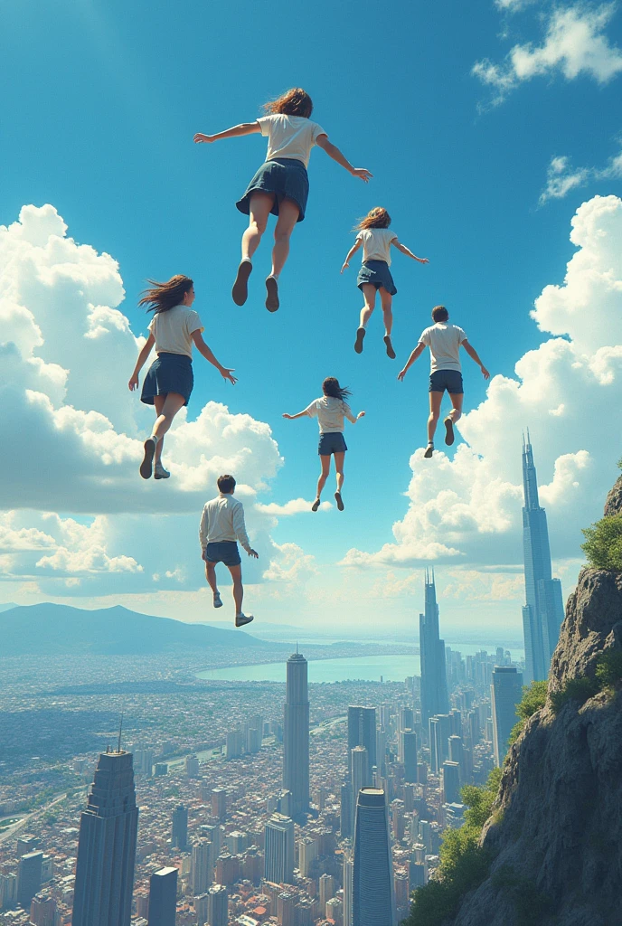 Create many people, women in casual skirts, Men in casual long pants flying into the sky , and below panoramic view of a city