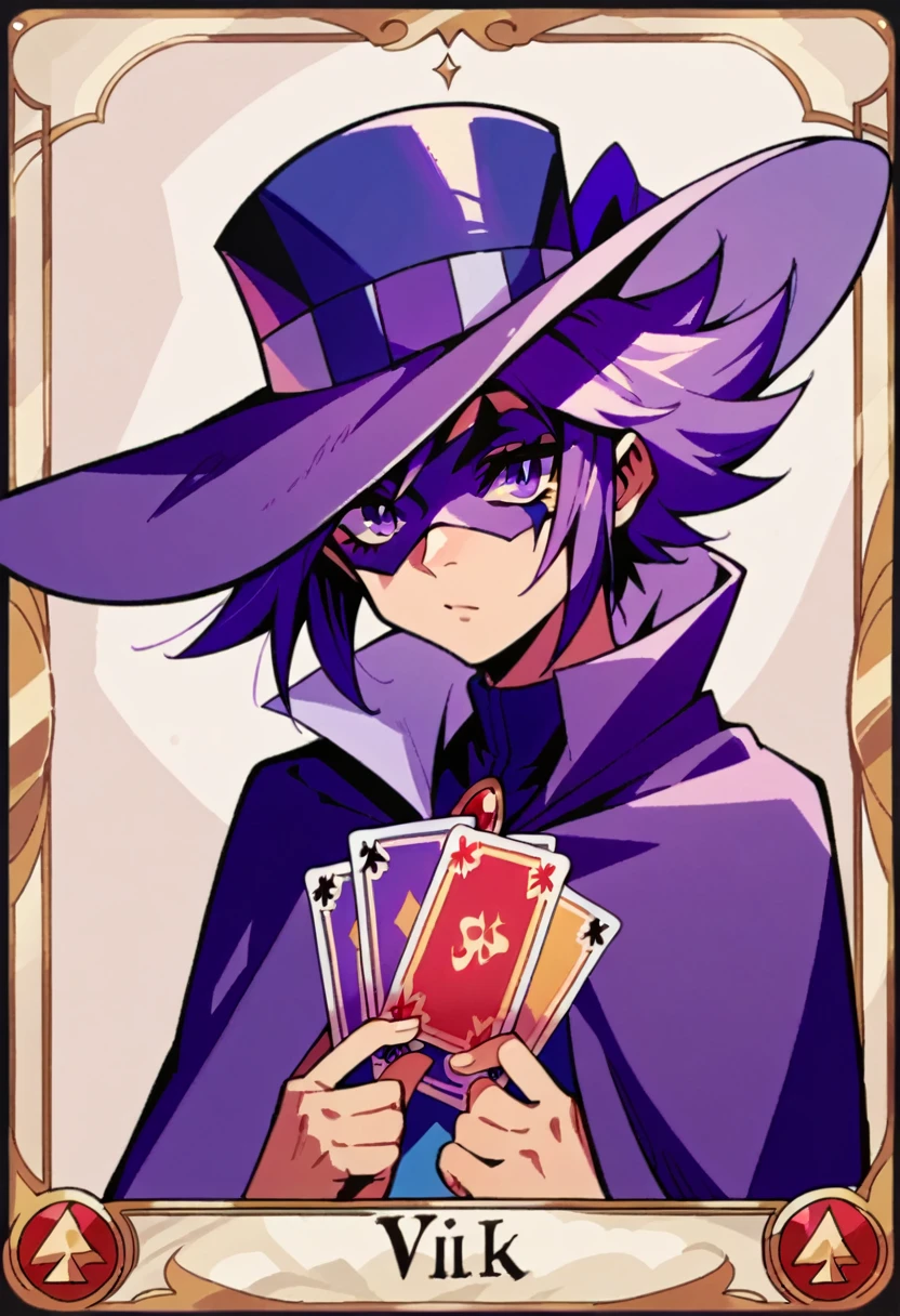 Highest quality,Masterpiece,Pro Art,8k,Based on anatomy,silk hat,Card Throwing,Purple Hair,Eye mask,Purple Cape