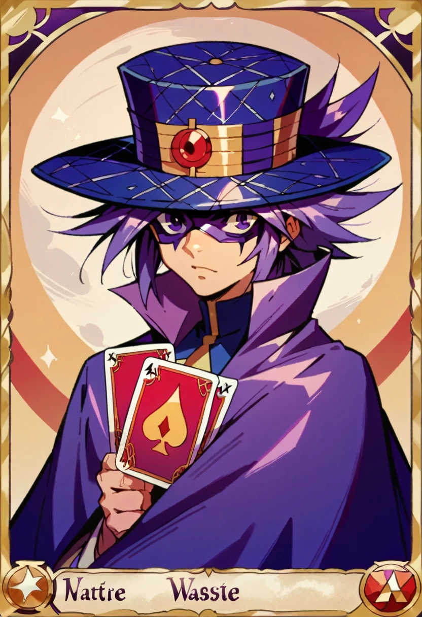 Highest quality,Masterpiece,Pro Art,8k,Based on anatomy,silk hat,Card Throwing,Purple Hair,Eye mask,Purple Cape