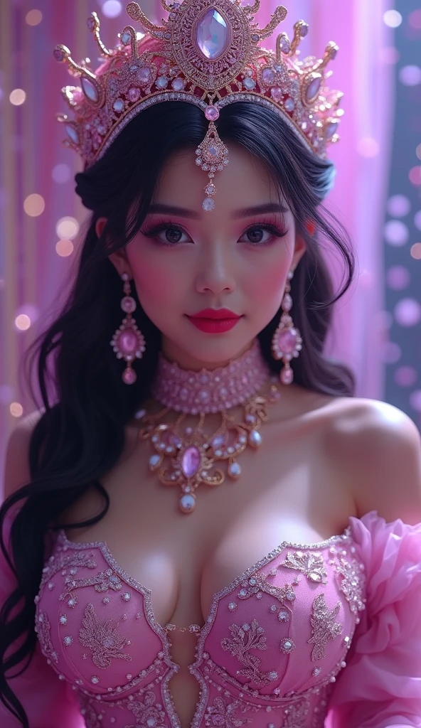 ((Highest quality、flying debris、8k、Best image quality、Very complex and detailed))、(The most gorgeous high-class prostitute princess:1.1)、(The most gorgeous whore princess&#39; The best costumes:1.1)、The most gorgeous and gorgeous prostitute costumes、(An unimaginably extravagant goddess&#39; room:1.1)、(Sparkly purple and pink princess room:1.1)、The most luxurious purple and pink room、Purple and pink gemstones、A glittering room decorated with many jewels、Night room、Very intricate decoration、A very transparent goddess&#39; room、Perfect Makeup、Long eyelashes、lipstick、Pink Eyeshadow、Perfect Anatomy、Ultra-high definition glossy skin、Ultra-high definition glossy lips、Ultra HD Hair、Ultra-high definition beauty face、Ultra HD Shining Eyes、Long Hair、(beautiful, A captivating smile stares at me:1.1)