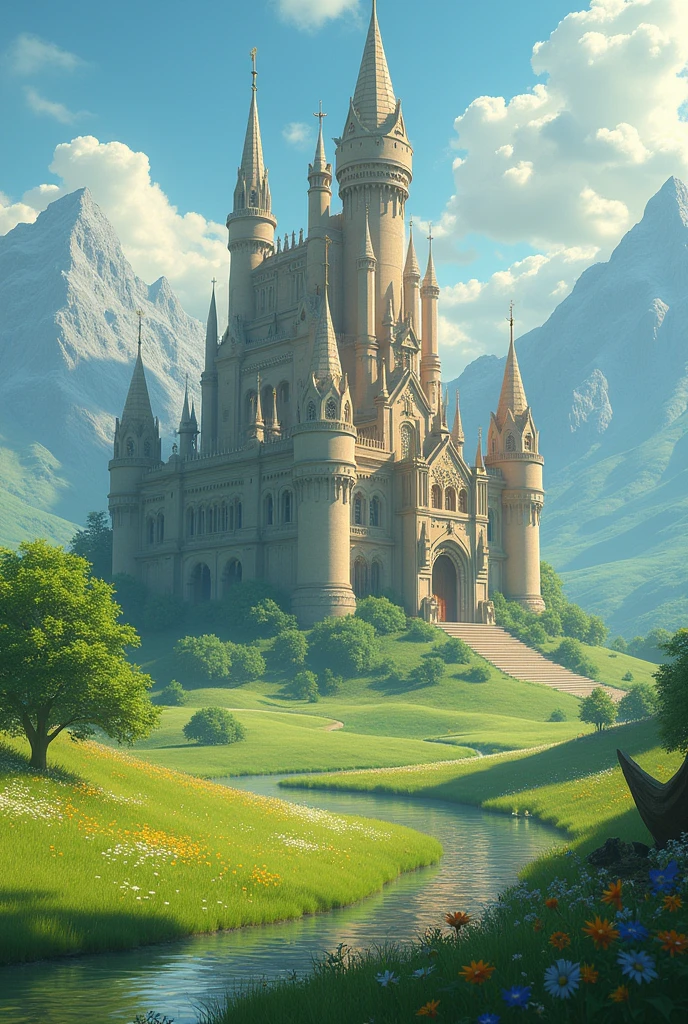 Make an image of the kingdom of Eldoria, it's a kingdom from my video game, make it look almost the same as the kingdom of Hyrule from the legend of zelda, breath of the wild, meaning that the castle is in a meadow and I don't want the castle to be on a hill please.