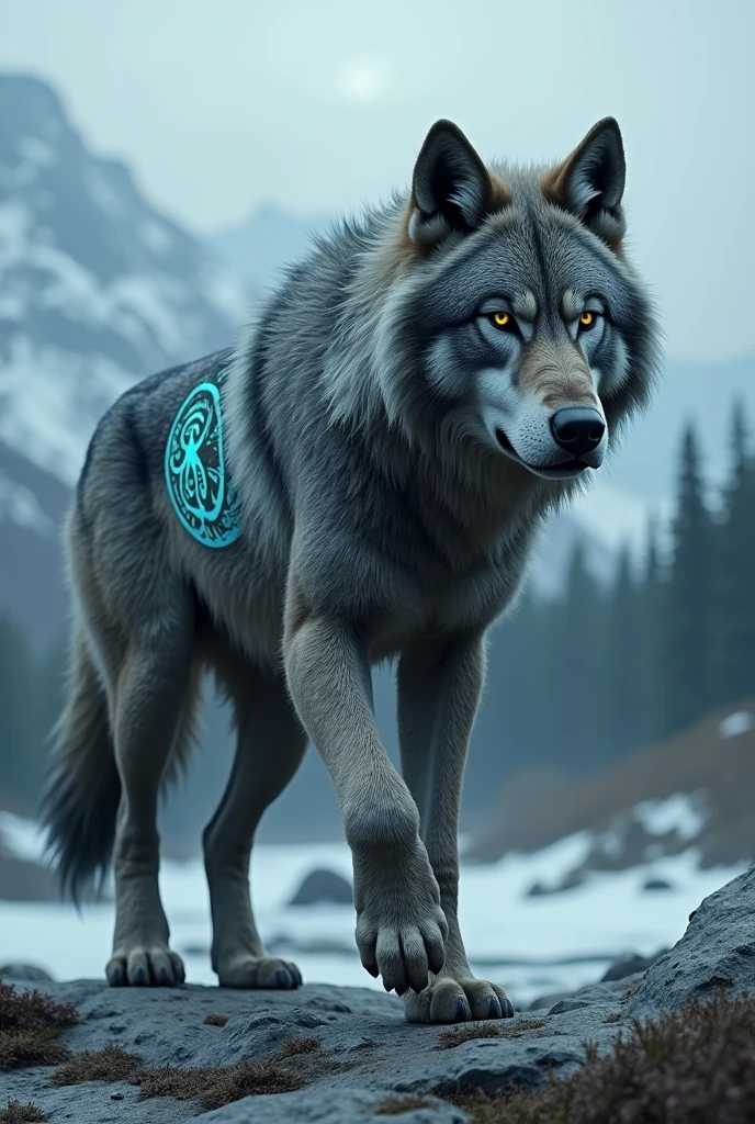 (photorealism:1.2), ferir the wolf, son of loki with rune in all its body and walking to the side


