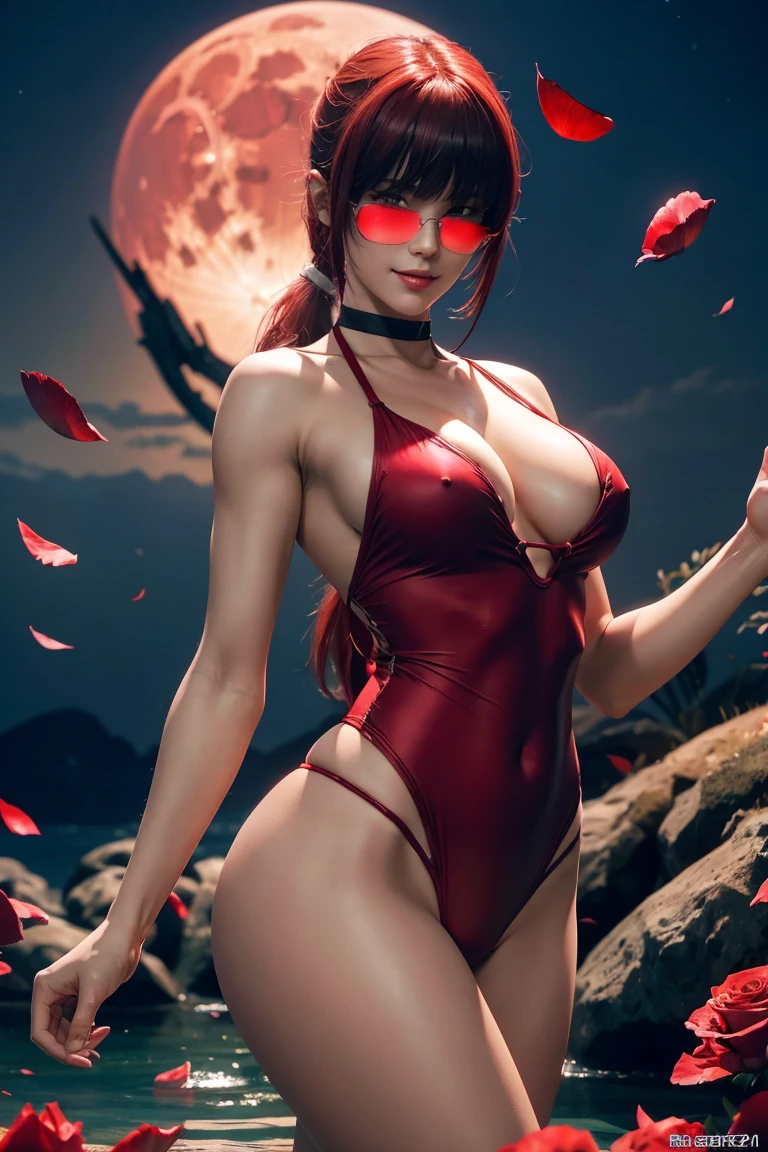 KOF,King of Fighters,Shermie,Red hair,long hair,Long hair tied in a ponytail,Hide your eyes with bangs,Beautiful white skin,Photorealistic,Ultra HD,high quality,masterpiece,Digital SLR,Detailed details,Intricate details,Anatomical basis,Depicted in detail,A detailed face,Realistic skin texture,Vivid details,Perfect Anatomy,Perfect Anatomy,Anatomically correct hand,Anatomically correct fingers,Super Detail,Complex 3D rendering,Sexy pose,Red swimsuit,Fantasy worldview,Beautiful red sea,Beautiful Red Moon,Beautiful night sky,Petals of roses dance,Picturesque,Pink Lips,smile,