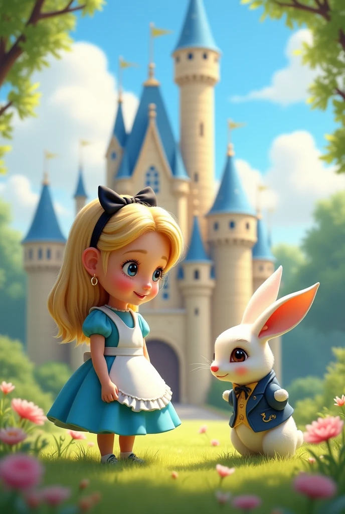 The image features a child character with long, loose blonde hair., blue eyes wearing a striking blue dress with white ????? and a black bow in her hair. She is standing next to a white rabbit in clothes holding a clock.. The character shows off her blue shoes, that complement your outfit. Ao fundo, there is an enchanted castle with towers and flags, set in a lush green environment with flowers. The scene conveys a magical and playful atmosphere, typical of fairy tales. Real 3d pixar image