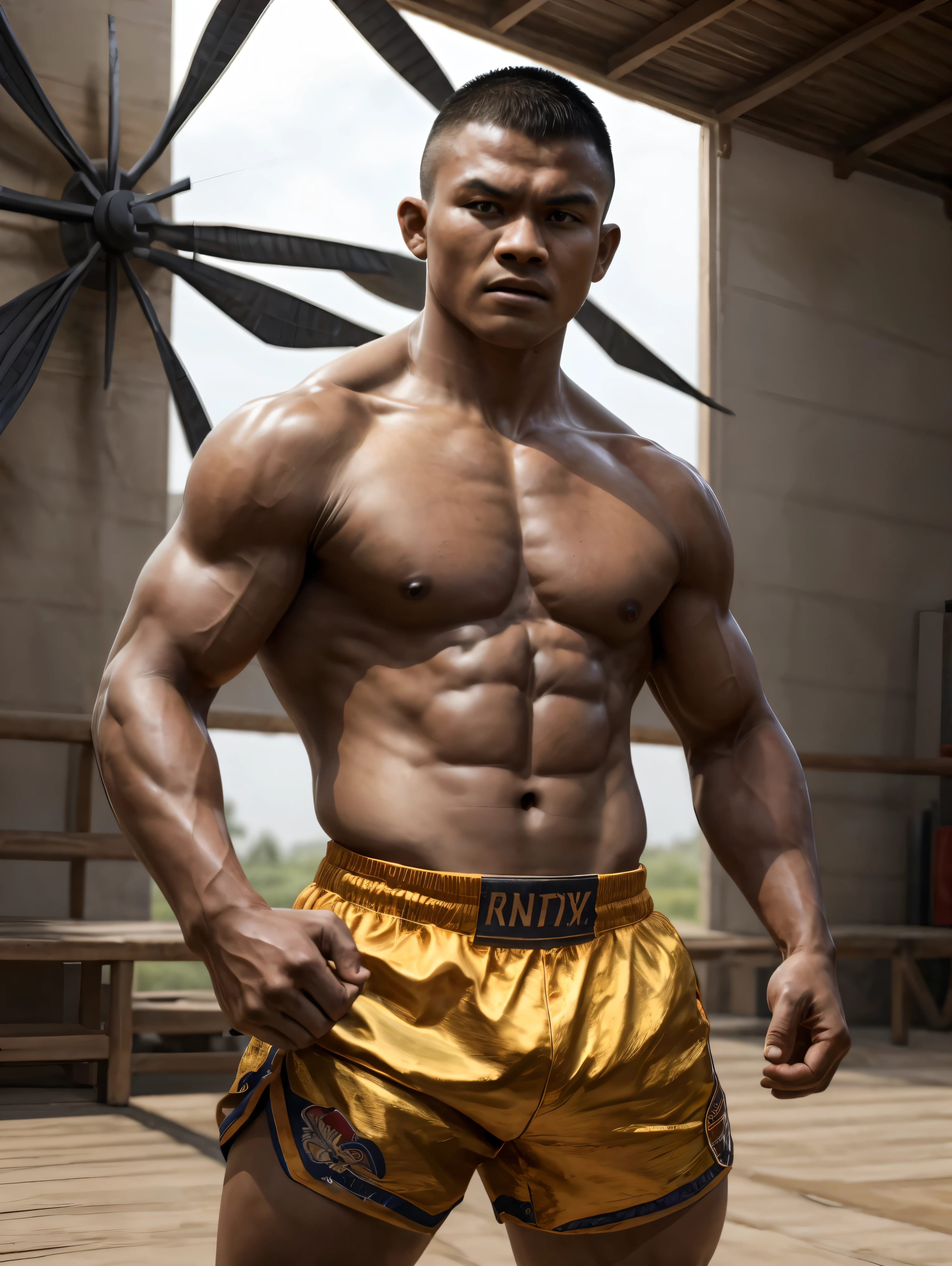(work of art, best qualityer:1.2), ultra realisitic, realisitic, unreal motor 5, anatomically correcte, texturized skin, super detaill, High details, detailedeyes, face detailed, best qualityer, 8k, eyes black, male focus, standing alone, Buakaw, very dark skin, Dark skin man, homem de topless, muscular, just, abdomen, wide pectorals, Buzz Cut, manly, heroic muay thai, posture of fight, pose, homem de topless, gold shorts, clenched hands, north field, Windmill Mill,