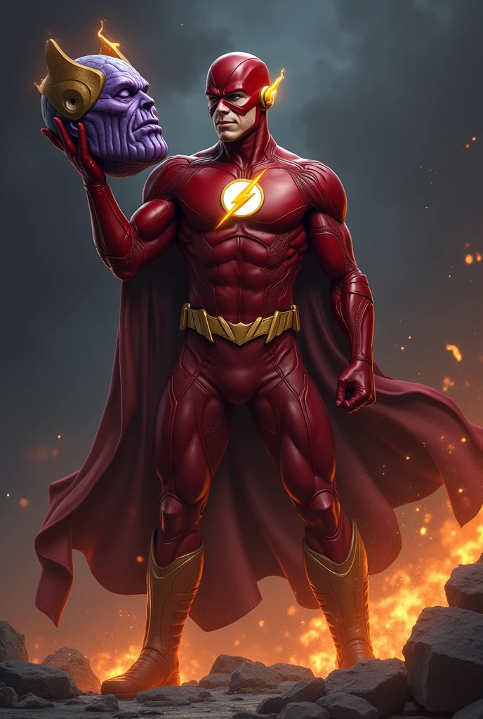 Create an image of the flash with Thanos' head in his hand