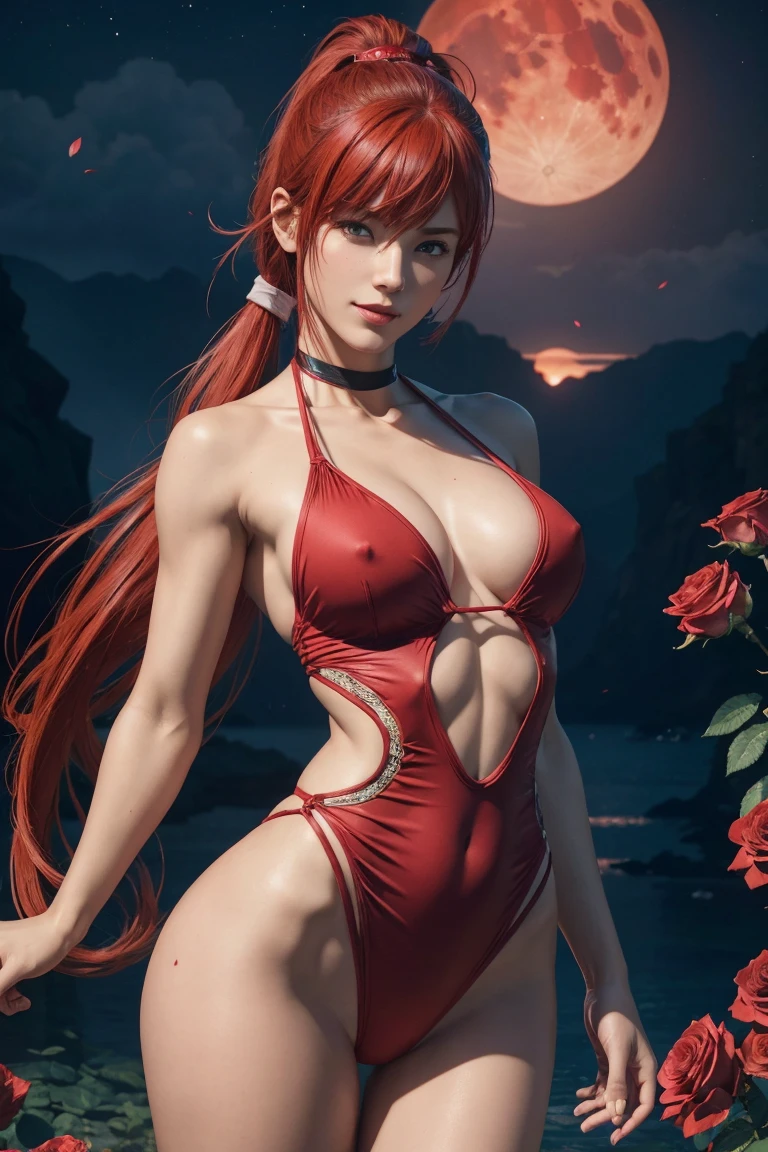 KOF,King of Fighters,Shermie,Red hair,long hair,Long hair tied in a ponytail,Hide your eyes with bangs,Beautiful white skin,Photorealistic,Ultra HD,high quality,masterpiece,Digital SLR,Detailed details,Intricate details,Anatomical basis,Depicted in detail,A detailed face,Realistic skin texture,Vivid details,Perfect Anatomy,Perfect Anatomy,Anatomically correct hand,Anatomically correct fingers,Super Detail,Complex 3D rendering,Sexy pose,Red swimsuit,Fantasy worldview,Beautiful red sea,Beautiful Red Moon,Beautiful night sky,Petals of roses dance,Picturesque,Pink Lips,smile,