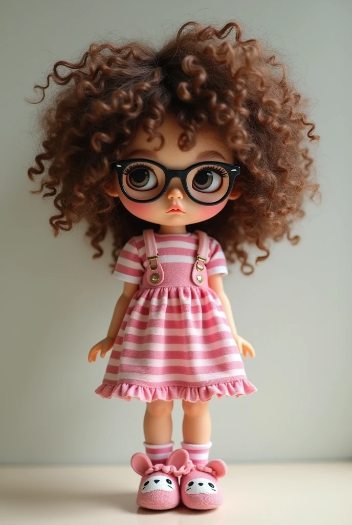 Create a brown curly brown blythe doll with extremely messy and voluminous hair using round black prescription glasses. Have her wear a pink striped dress with thick straps and pink striped bear socks. Also let her wear a My Melody slipper. No accessories or makeup