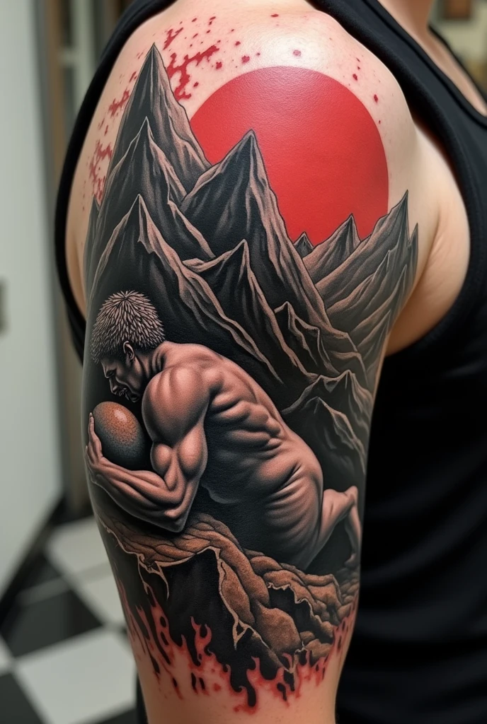 A tattoo that follows the characteristics of the Trash Polka style, in one arm, that it is the one in which Sisyphus is seen rolling the stone uphill, Sisyphus carries the stone in front of him with both arms