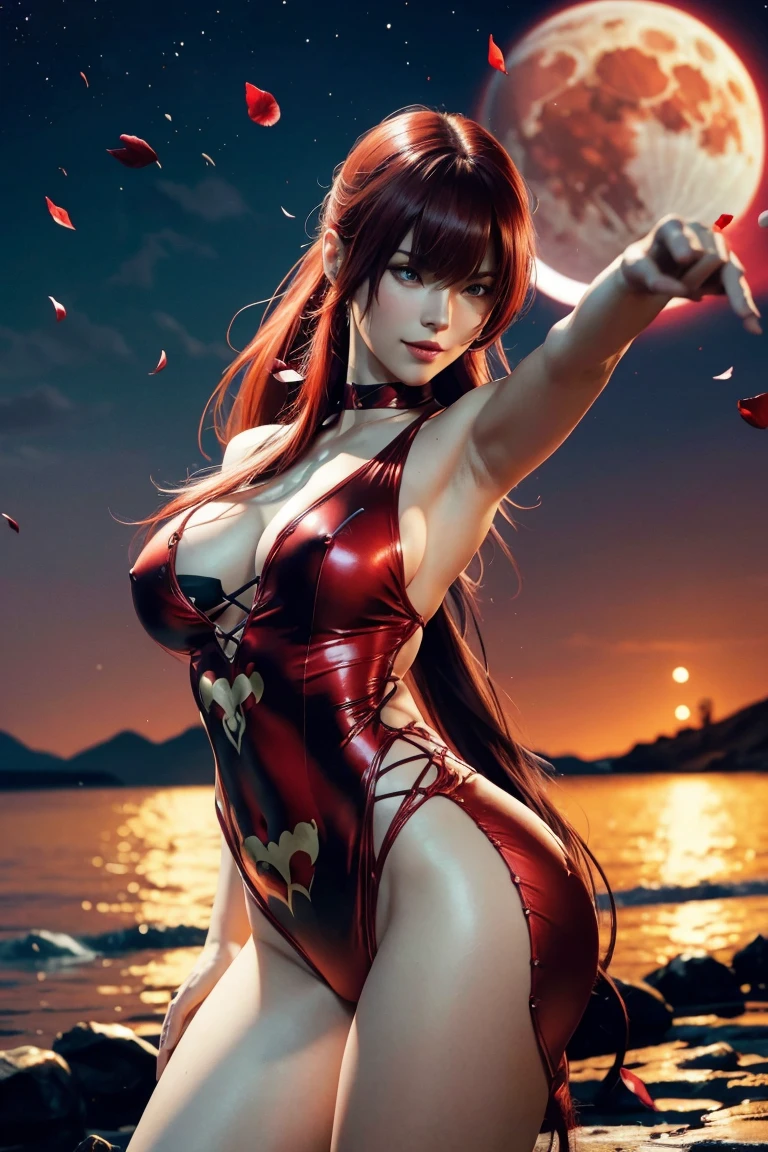 KOF,King of Fighters,Shermie,Red hair,long hair,Long hair tied in a ponytail,Hide your eyes with bangs,Beautiful white skin,Photorealistic,Ultra HD,high quality,masterpiece,Digital SLR,Detailed details,Intricate details,Anatomical basis,Depicted in detail,A detailed face,Realistic skin texture,Vivid details,Perfect Anatomy,Perfect Anatomy,Anatomically correct hand,Anatomically correct fingers,Super Detail,Complex 3D rendering,Sexy pose,Red swimsuit,Fantasy worldview,Beautiful red sea,Beautiful Red Moon,Beautiful night sky,Petals of roses dance,Picturesque,Pink Lips,smile,