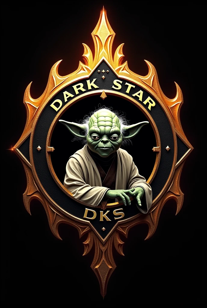 "Create a round emblem with 'Dark Star' above, 'DKS' below, and 'Interno 1ª Divisão DKS' in the center. Include Yoda within the shield. Use black and gold colors with fiery details along the edges."