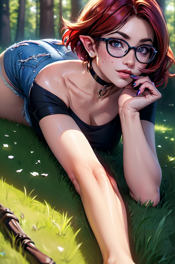 (large breasts 1.4), beautiful elf woman, ((Short Red Hair: 1.6, straight with shine)), bright blue eyes, bright eyes, double eyelids, light effect on eyes, detailed irises, sexy, curvy body, glasses,(( black tee shirt, choker, tiny denim shorts, black high heels, legs exposed,)) ((micro denim shorts, edgy sexy, Beautiful and cool, shorts)), ((work of art, hyper-realistic, hyper detailed, Best quality, 16k, light and shadow on skin, vivid colors), eyeliner, Thin eyebrows, Sensual expression, perfect lips, sexy mature face, ((skin with light and shadow) flirting seductively with the viewer, lots of freckles, full lips, extreme blush, smile, ((laying down on stomach on grass in forest)), daytime, noon, rays of light, masterpiece, ((hand resting in hair, biting lower lip)) ((Side View)),
