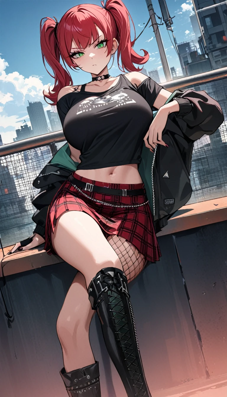 woman, stoic, curly red pixie cut hair, green eyes, black eyeshadow, wearing crop top black shirt, black oversized zip up hoodie, hood up, red plaid skirt, black knee high zipper boots, black fingerless gloves, large breasts, freckles, abs, looking down at viewer, masterpiece, best quality, Holo-Punk Style, sitting on stairs in the city, make up, eyelashes, fish net undershirt, fish net stockings, legs crossed