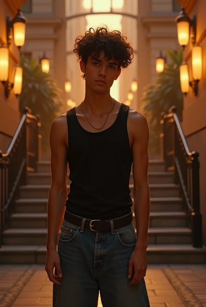 Young boy, 19yearsold. short curly brown hair , comely. Latin features, big but beautiful nose. eyes browns , very beautiful. Slim, defined body Wearing a black tank top and 80&#39;s style baggy jeans. In a classic New York building from the 80s full of lights with a staircase entrance 