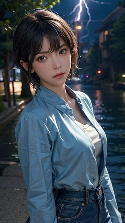 &reference;((workshop)), Perfect quality, Fat, inflation, whole body, Stunning beauty, Jean Favonian, Small breasts, (High quality anime, Makoto Shinkai), anger, blush, Standing on the street by the river next to the village, Please place your hand on your chest, Looking at the audience, No Gauntlets. Short hair blowing in the wind, The background is simple and blue, The gaze is low-angle and downward., Bright lightning.