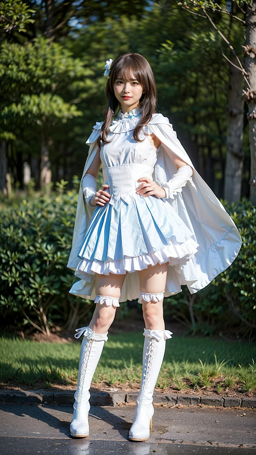 (8k、RAW Photos、Highest quality、masterpiece:1.2)、(Realistic、Realistic)、1 person、((White and light blue、garden、Frills、Cape、mini skirt、Thin legs、whole body、boots、View from the front、Looking into the camera、Stand with hands on hips))、cute