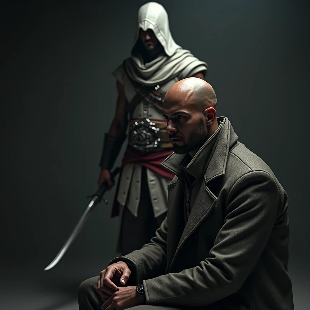 homme chauve asis avec un assassin's creed altair debout derriere lui avec sa lame secrete