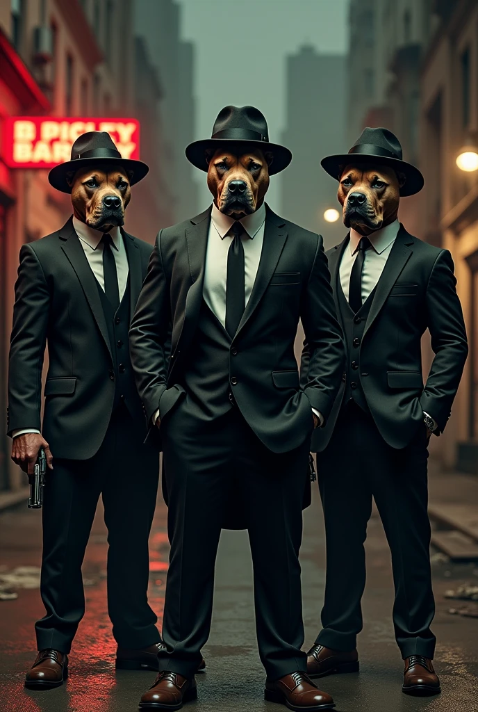 several pitbull wearing gangster outfit with gangster hat holding a gun
