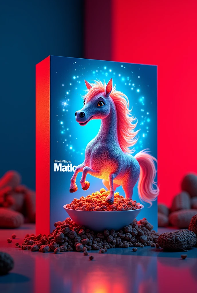 Cereal box with Pony Malta Crunch text:[design with futuristic red and blue colors:0.6], [shows a cereal of Crunchy Chocolate Granola with a character as a hologram promoting the cereal:0.8]