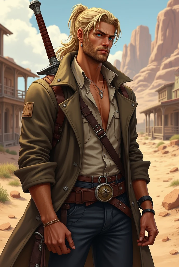 Erick is a young man standing at 1.75 meters tall, with long blond hair tied back in a ponytail. He has a short beard, blue eyes, and piercings in his right ear. He wears a wanted-style coat that resembles a trench coat with a hood, which he can use to conceal himself when necessary. Underneath, he has a wrinkled shirt, pants with a buckle, and carries two swords, one on each side of his waist. Despite his immense power, Erick has a laid-back and lazy demeanor. His appearance is handsome, but his face shows signs of exhaustion. i would like the art in a fantasy rpg style, in the old west