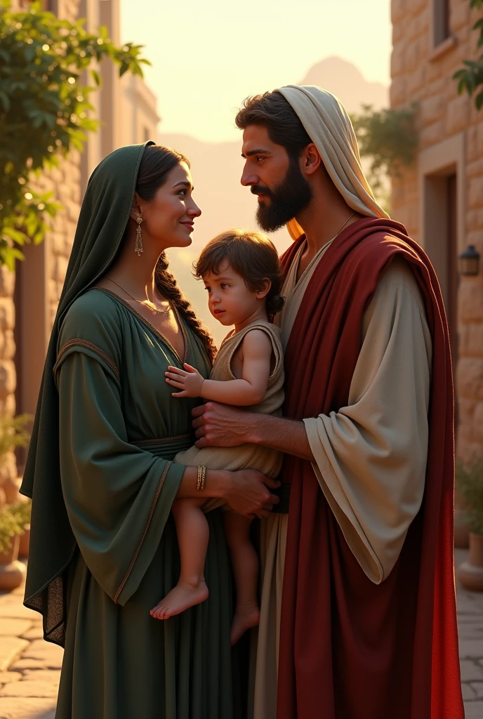 Create two realistic images in which Ruth the Moabite and her husband Boaz appear in the family. His son Obed I and his mother-in-law Ruth Noemi celebrating together in the city of Bethlehem